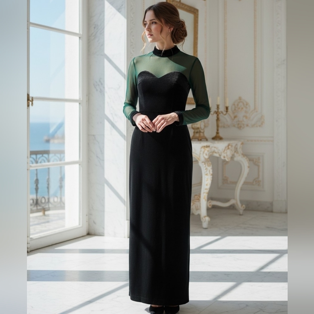 Rare Vintage 1980's Alfred Angelo Green Velvet Long Sleeve Dress Union Made